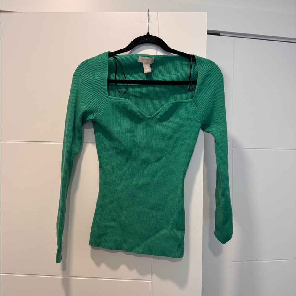 H&M Emerald Green Ribbed Long Sleeve Square-Neck Top